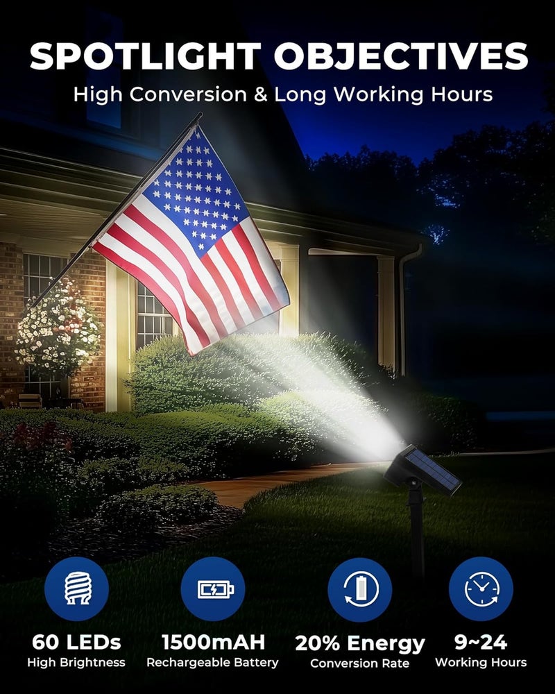 HGGH Solar Lights Outdoor Waterproof IP67, 60 LED 3 Lighting Modes Solar Spot Lights Outdoor for Yard Garden Pathway Landscape, Auto On/Off, Function 2 in 1(Cool White, 4 Pack) - Image 3